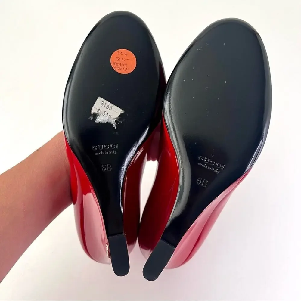 GUCCI | Red Patent Leather GG Logo Peep Toe Wedge Pumps Heels US 6